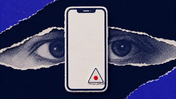 Illustration of a smartphone lock screen showing an Apple threat notification, with a single red alert dot, on a navy background.