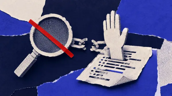 Cut-paper collage of a halftone magnifying-glass scanner over a paper script, a blank paper hand raised to block it and a broken chain between them; a red slash crosses the scanner.