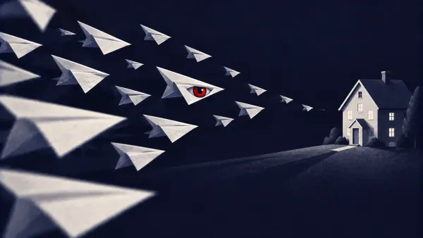 Surreal illustration on navy: a flock of paper message-planes drifting toward a house, one plane carrying a single watching eye in signal red.