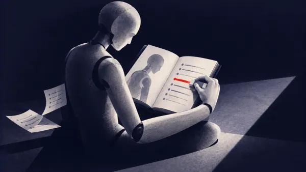 Surreal illustration on navy: an off-white figure erasing one ruled line from a book depicting its own self, the erased line glowing signal red.
