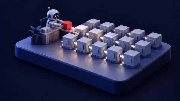 Isometric clay diorama: a robot assistant passing a block into a grid of repository boxes, the block marked in flat signal red.
