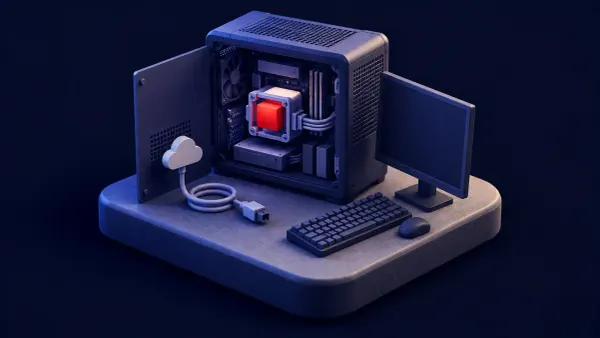 Flat white line-art of a developer PC running a large AI model on-device on a deep navy background with one red dot, for Microsoft Project Zenith.