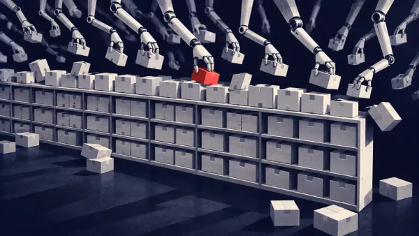 Editorial illustration on navy: a swarm of robotic hands slotting identical package boxes onto a shelf, one box marked in flat signal red.