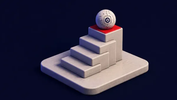 Isometric clay diorama of a rising staircase of four clay tier-blocks, a small clay AI-core orb resting on the highest step; a single flat red marker sits on that top critical tier.