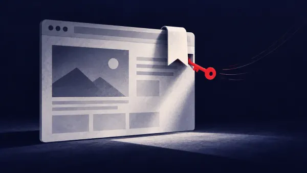Flat white line-art of a browser window splitting into a bookmark tab and a session cookie, one flat red dot, on a deep navy background.