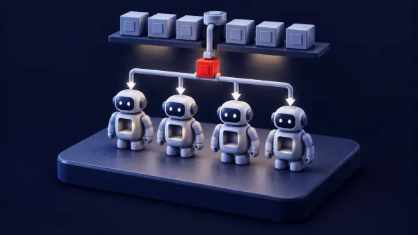 Isometric clay diorama: one plugin block on an arm descending into a row of four identical clay robot assistants, the block marked in signal red.