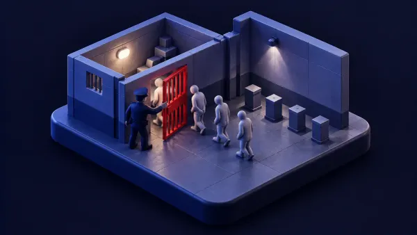 Isometric clay diorama: a small prison cell with its barred door swinging closed beside empty pedestals, the door marked in signal red.