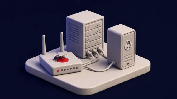 Isometric clay diorama of clay network gear, a router, an authentication server and a Linux tower wired together, with one clay ant on the router; a flat red marker sits on that router.
