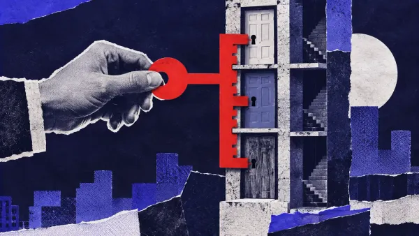 Cut-paper collage on navy: three stacked shared-hosting doors and one oversized key that fits all three, the key marked in signal red.