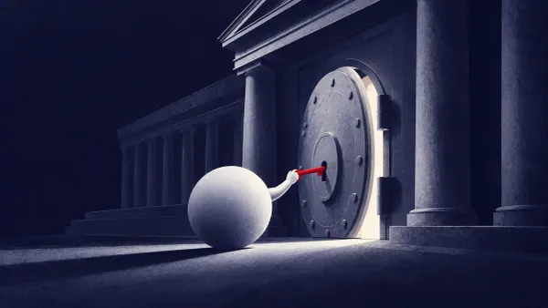 Surreal illustration on navy: a luminous orb extending an arm to turn a key in a government vault door, the key glowing signal red.