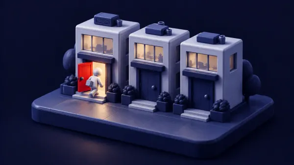 Isometric clay diorama: three small website-buildings, the first with its door wide open and a figure slipping through, the open door marked in signal red.