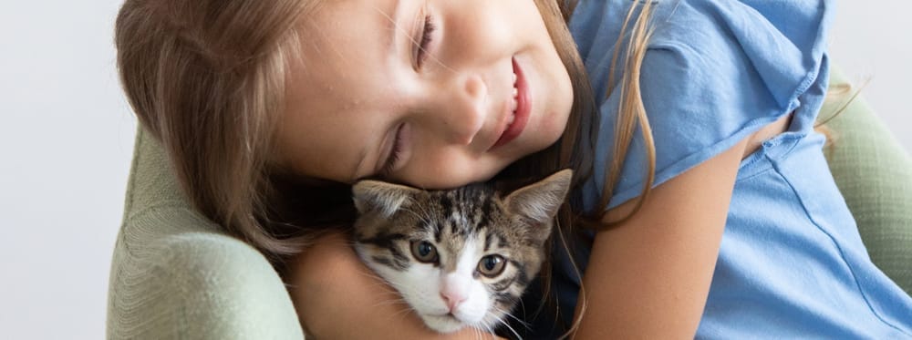 Fillette souriante serrant dans ses bras un chaton tigré blanc et brun.
