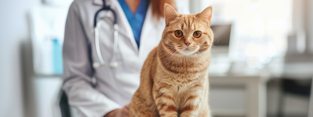 Chat roux tigré assis, avec une personne en blouse blanche en arrière-plan.