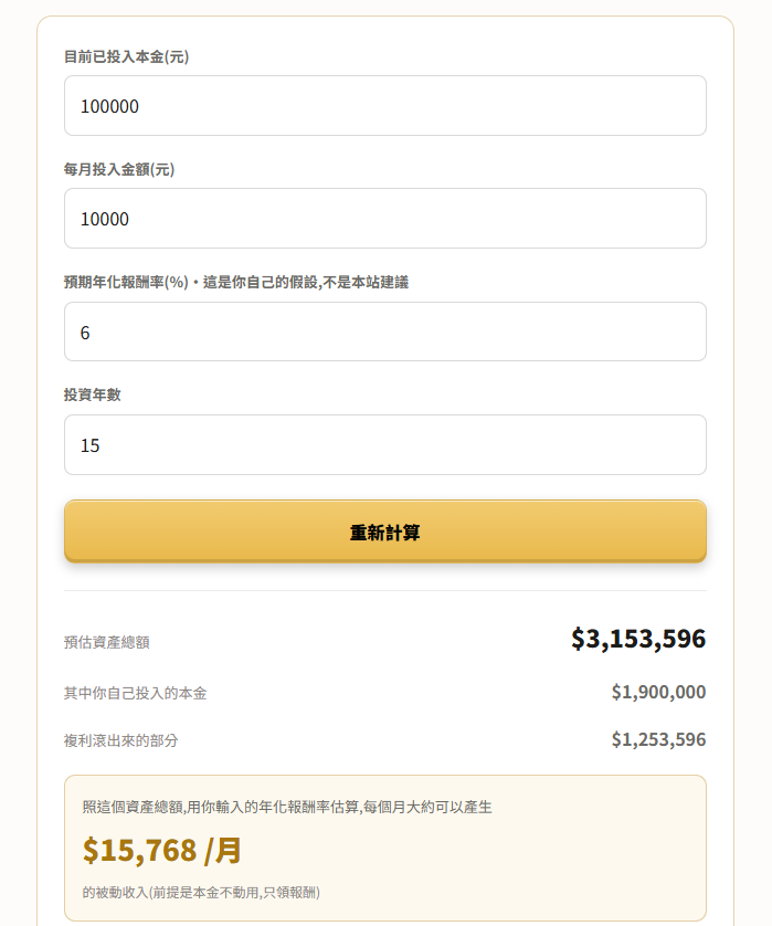 被動收入複利試算表:填自己的數字,算出幾年後每月能領多少