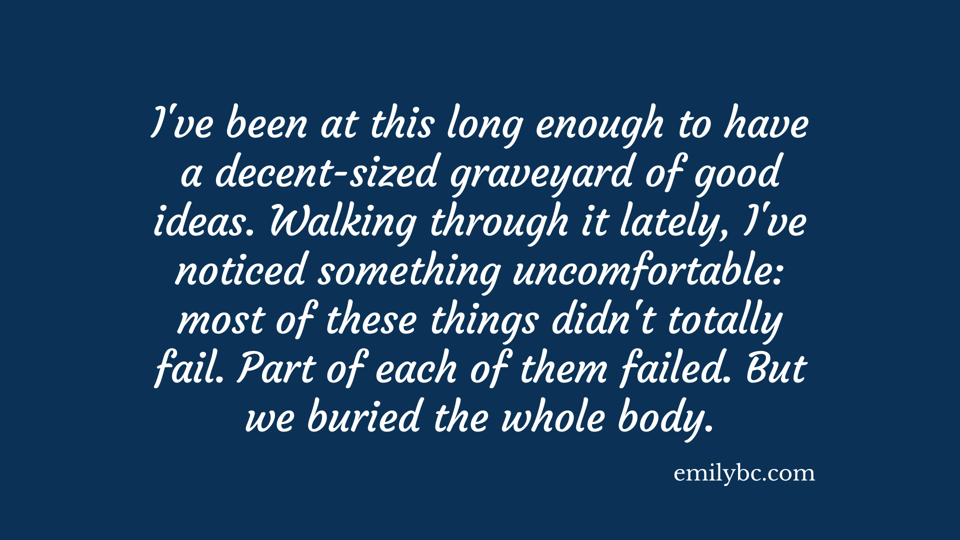 White text on dark blue pull quote from Continuity Works by Emily Ball Cicchini