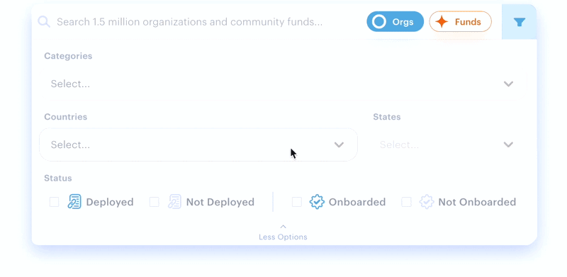 Filter organizations by category, location, or Endaoment onboarding status.