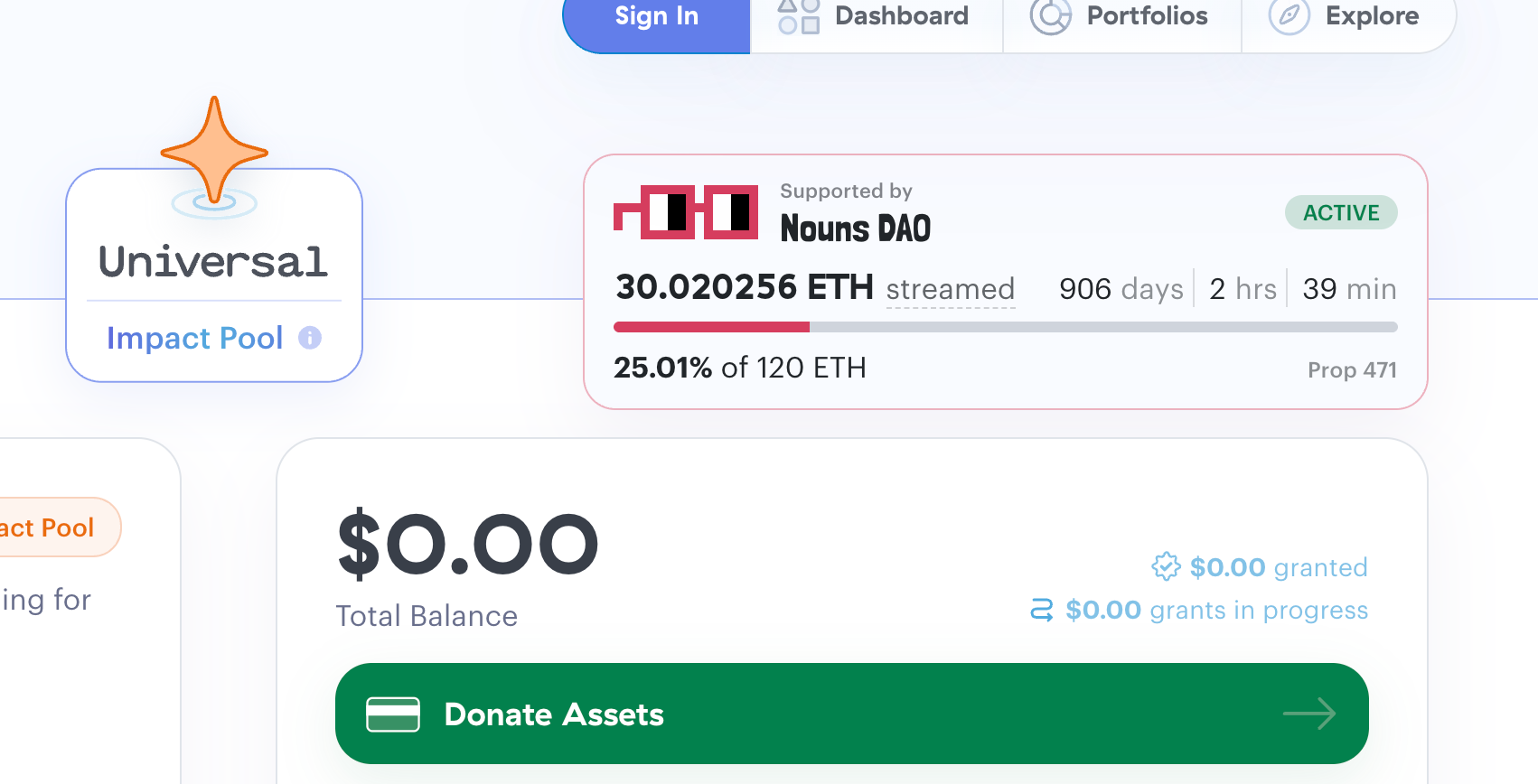 Nouns-backed stream badge on the Universal Impact Pool header