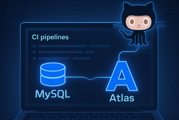 Feature image of the blog post representing a laptop with Github Octocat linked to Atlas linked to MySQL