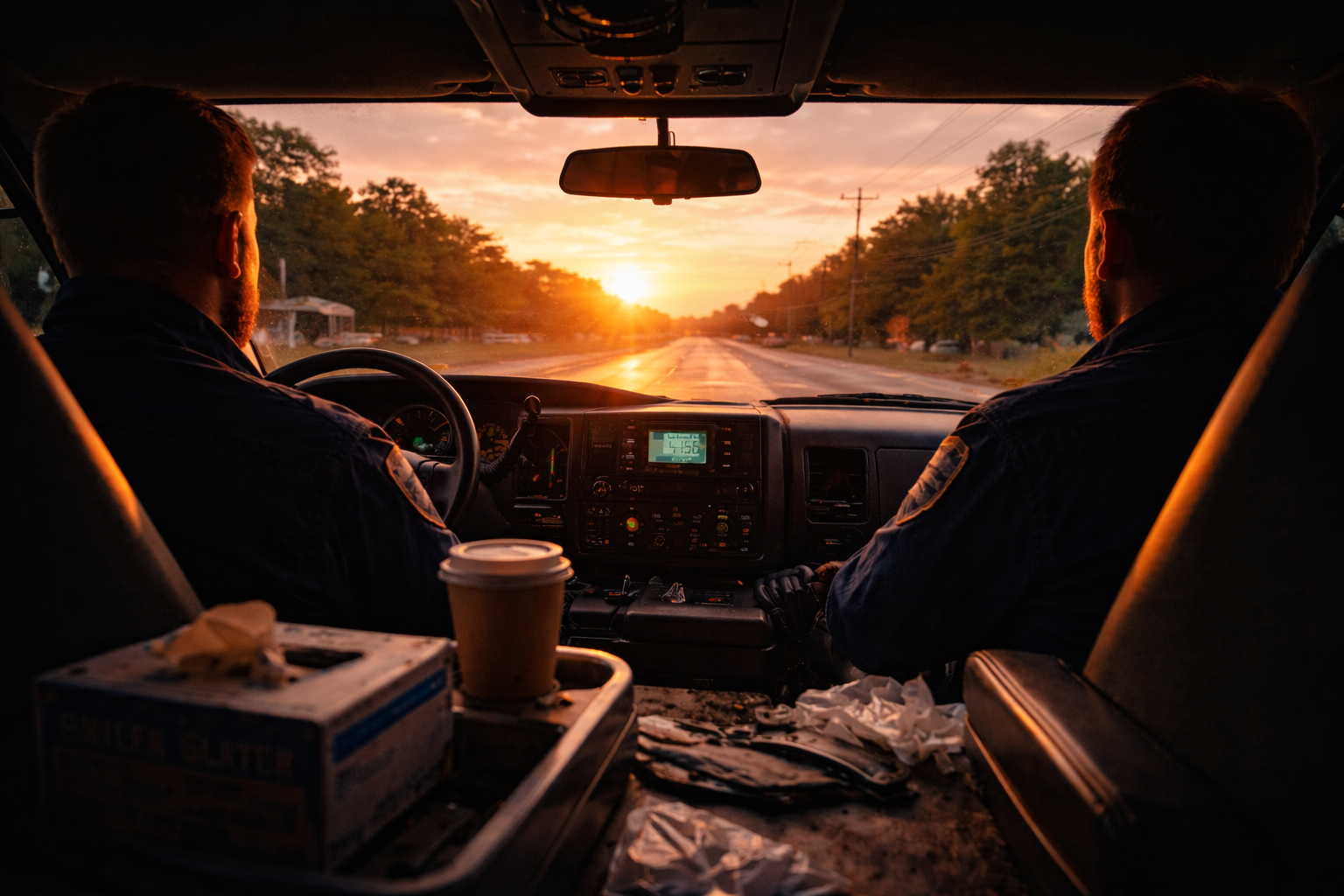 Sunrise from the Windshield of an Ambulance