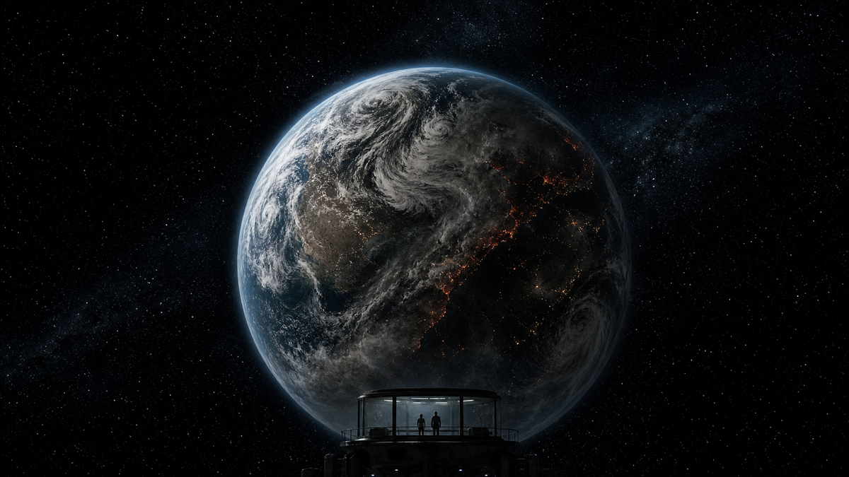 A storm-darkened Earth seen from space, with vast regions of darkness and faint fires beneath its cloud cover; two tiny figures watch from a distant orbital platform.