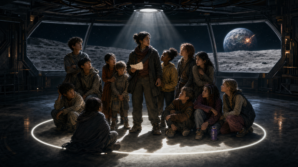 On a lunar transfer deck, Noor Basra stands with twelve children inside a bright floor circle that cannot contain them all; a damaged Earth hangs beyond the station windows.