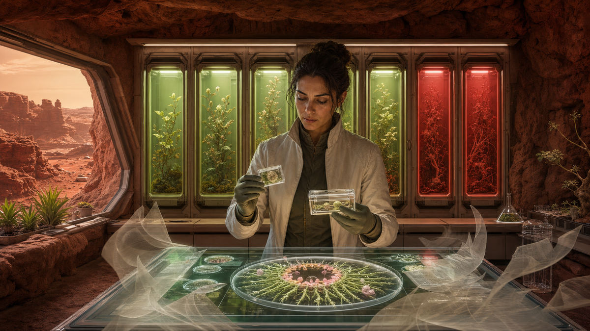 In a Mars laboratory carved from red rock, scientist Leila Haddad examines two culture samples before four green sealed biological frames and two red used frames.