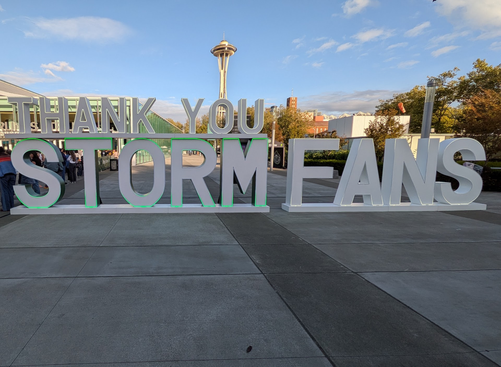 Thank you storm fans sign with Space Needle in background