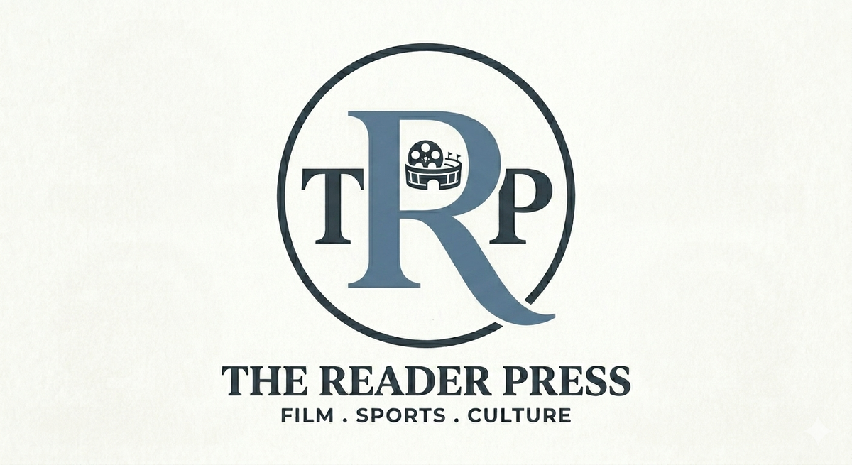 The Reader Press logo. A circle with T R P and in the middle of the R, there is a stadium and a film reel. Underneath the circle, it says 'The Reader Press Film. Sports. Culture'