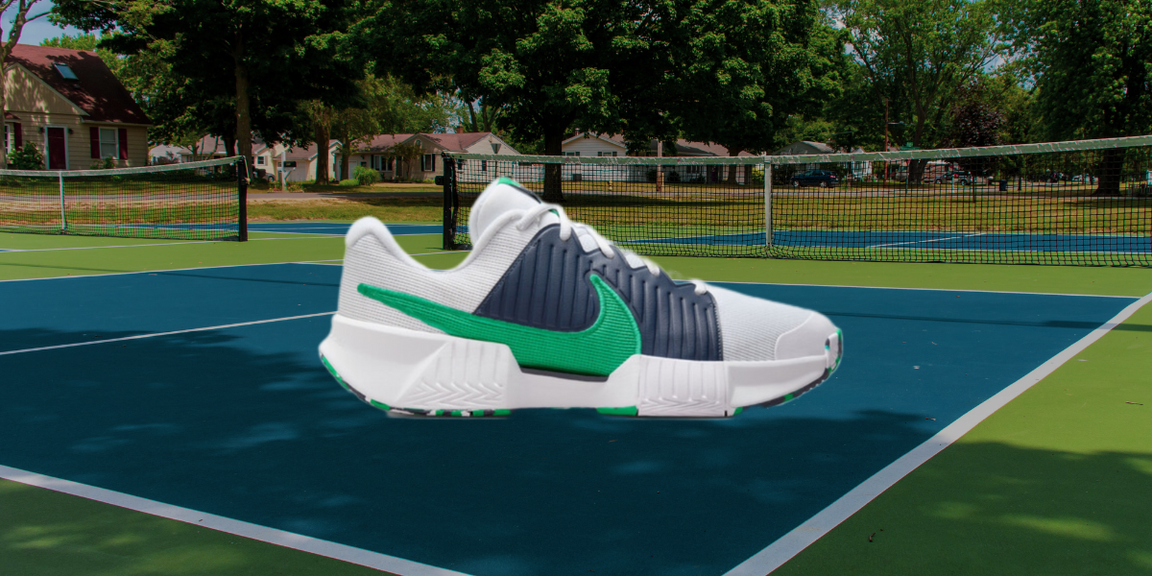 
                                        Nike's new pickleball shoe set against a pickleball court.
                                    
