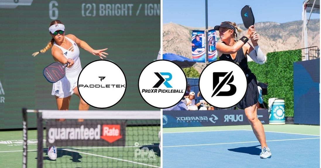 
                                        Logos for Paddletek, ProXR Pickleball, and Boundless Pickleball against backdrop of pro players.
                                    