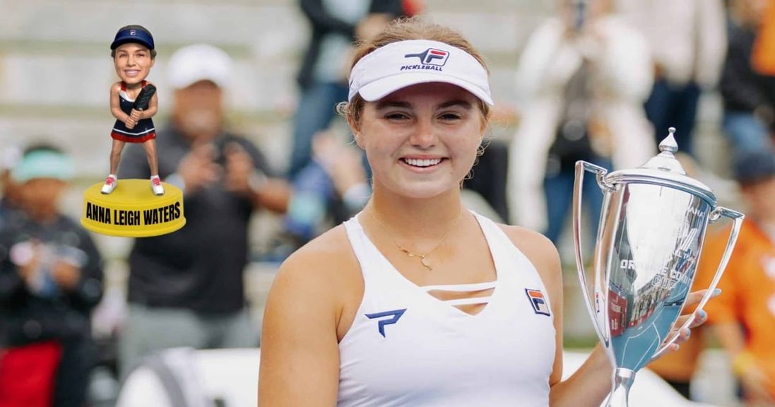 
                                        A bobblehead of Anna Leigh Waters set against a photo of the pro pickleball player.
                                    