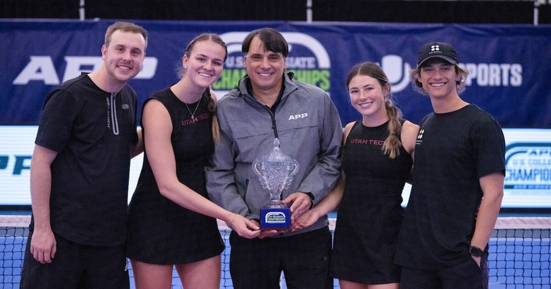 
                                        The Utah Tech collegiate pickleball team poses after winning the U.S. Collegiate Championships by APP.
                                    