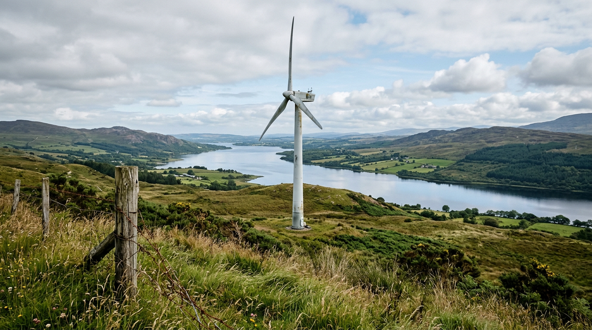 A single wind turbine on a grassy hillside beside a lake under a partly cloudy sky in Northern Ireland