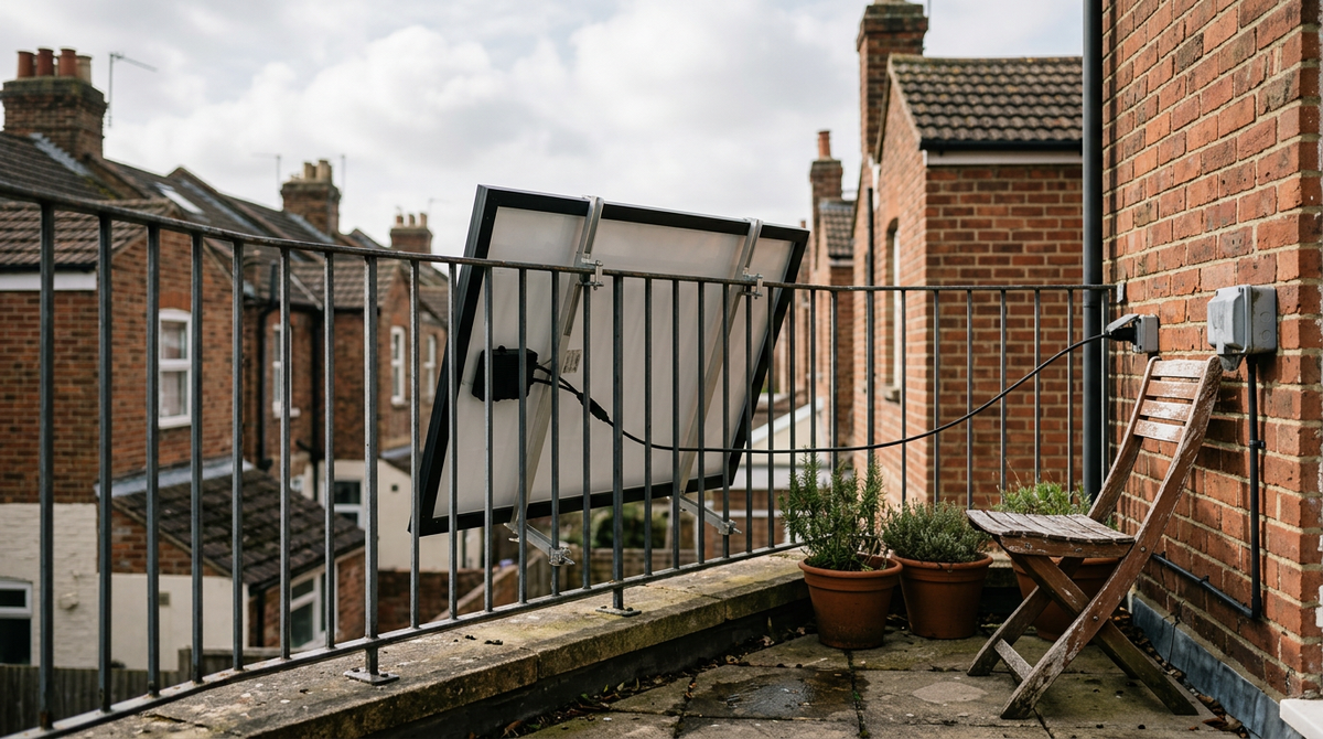 A plug-in solar panel mounted on a terraced-house balcony railing beside potted plants, connected to an outdoor wall socket.