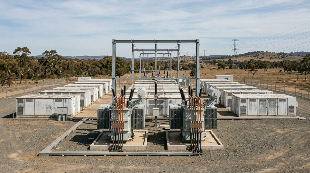 Grid-scale battery storage enclosures, high-voltage transformers and transmission lines at a large battery site in rural New South Wales in daylight