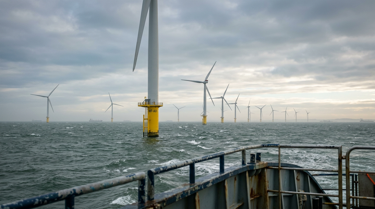 Line of white offshore wind turbines on monopile foundations stretching across a grey North Sea under overcast morning light, seen from a vessel's rail