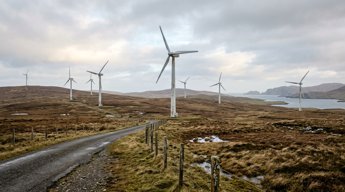 Wind turbines on windswept moorland in Shetland under an overcast sky, with a sea inlet beyond