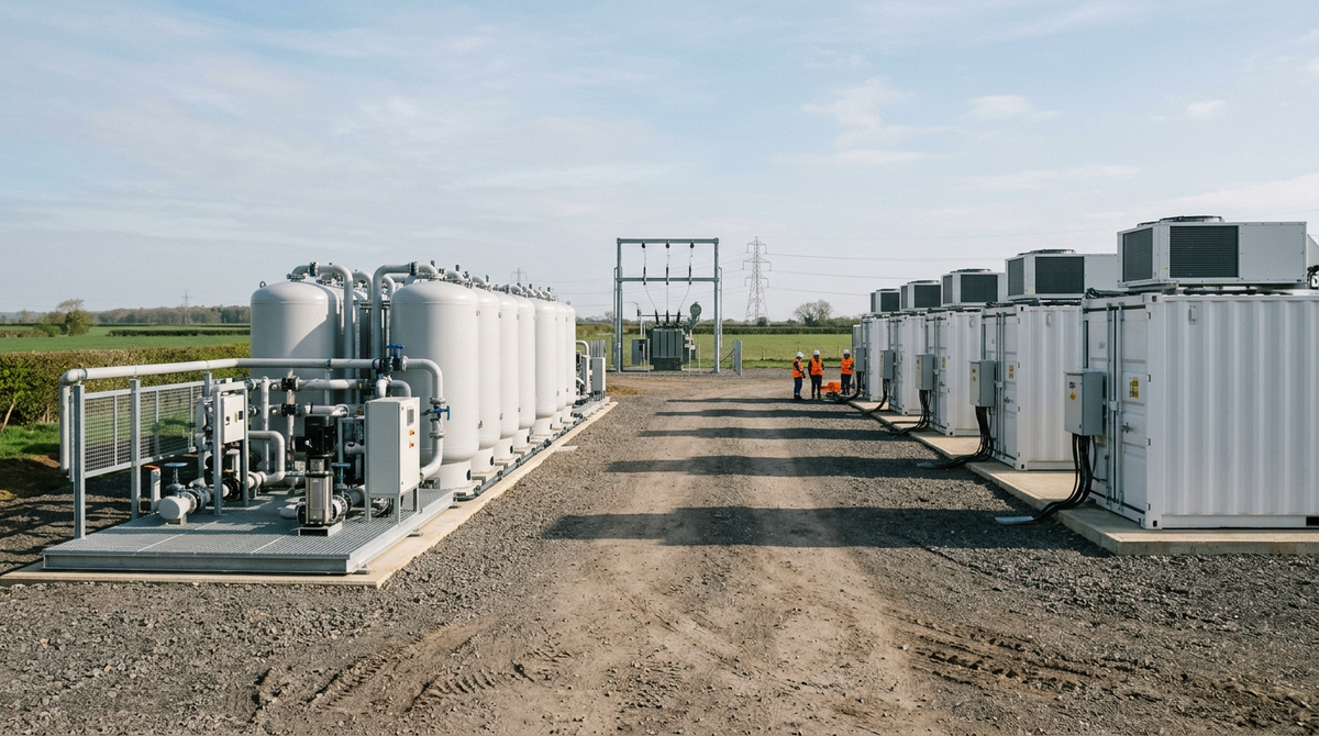 Flow battery electrolyte tanks beside lithium-ion battery containers at a grid storage site