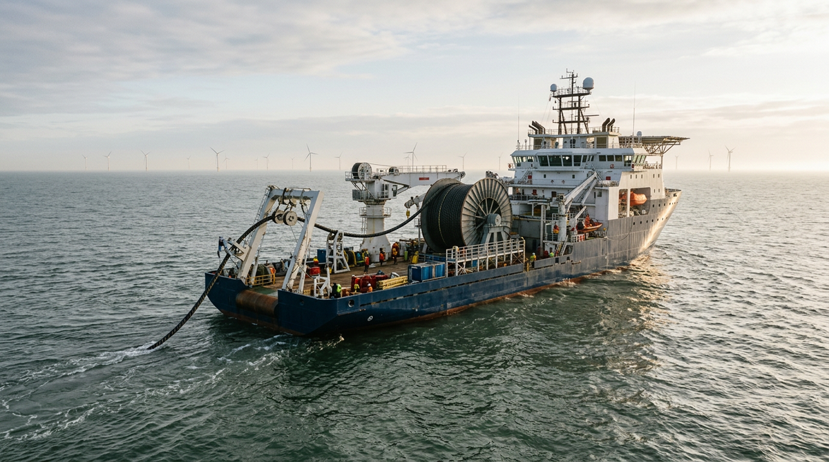 Cable-laying vessel installing a subsea power cable with offshore wind turbines on the horizon