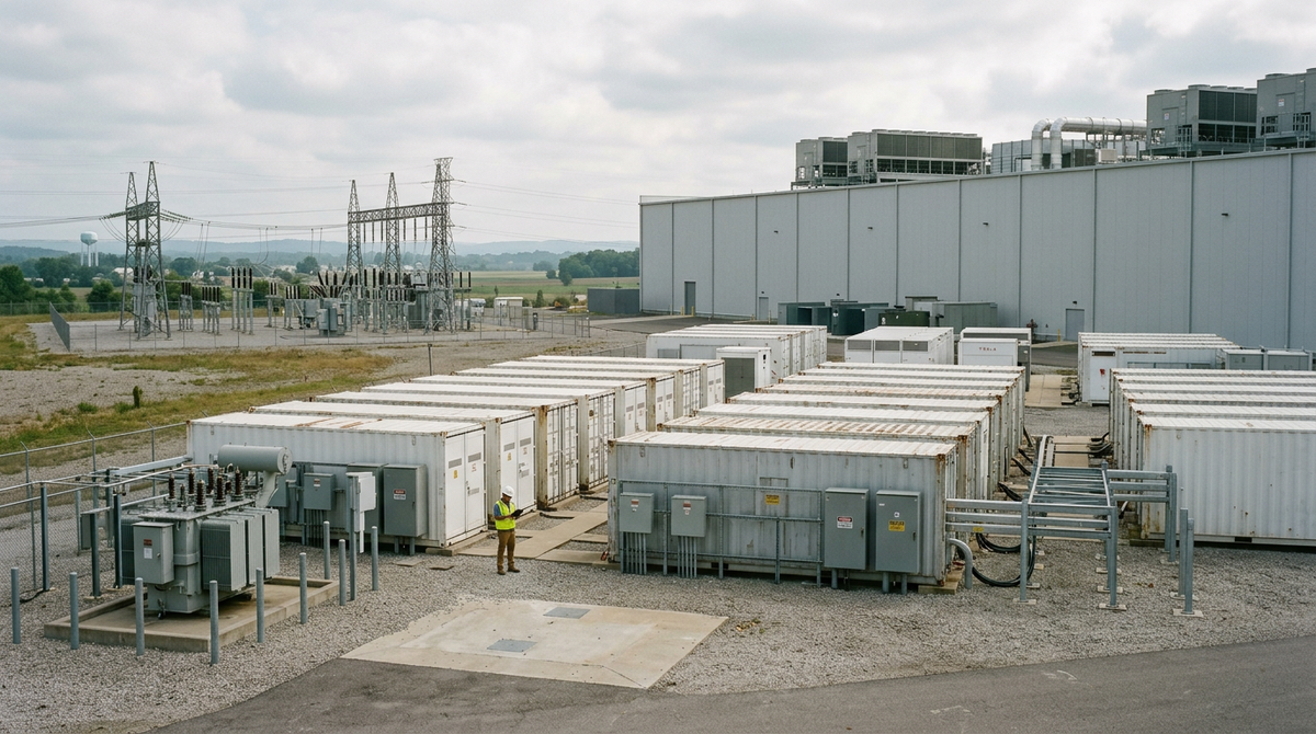 Battery storage containers beside a data centre and substation on a US site under overcast skies