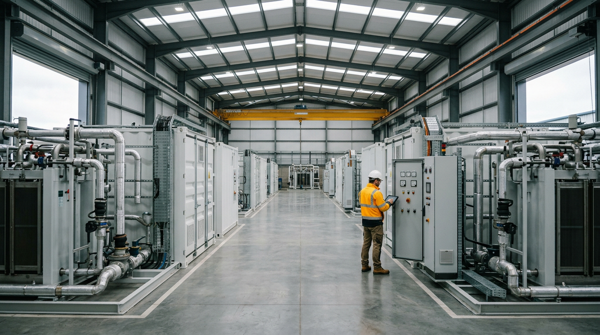 Engineer walks an aisle of clean PEM electrolyser modules inside an industrial hydrogen plant