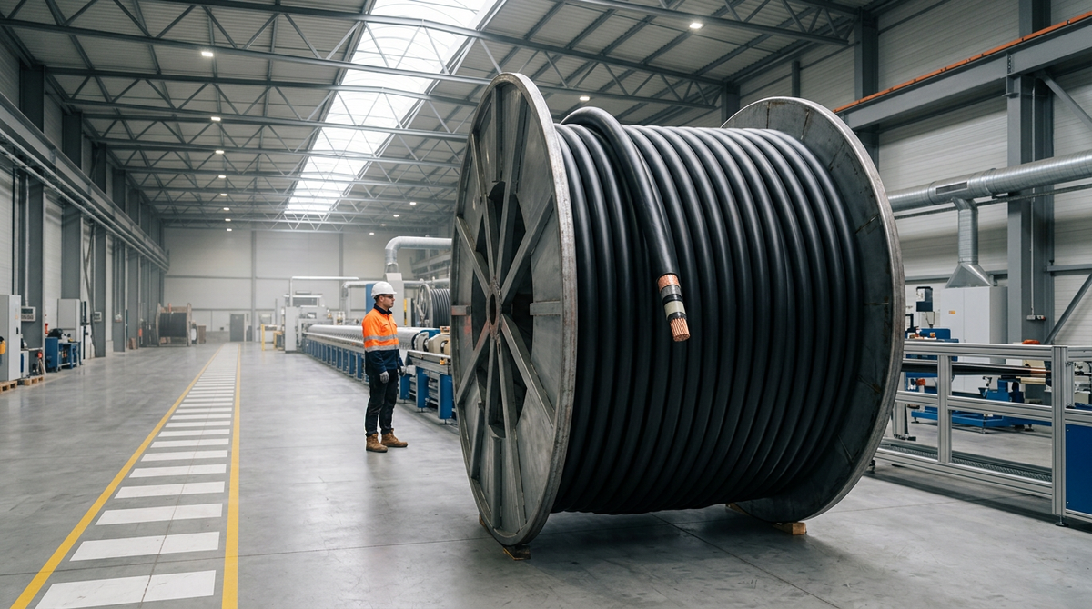 Large reel of new high-voltage power cable in a bright
