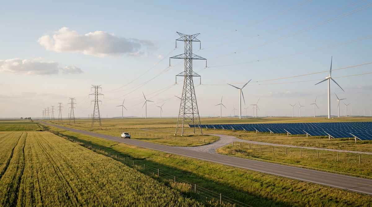 Wind turbines, solar array and high-voltage transmission towers across Great Plains farmland at dusk