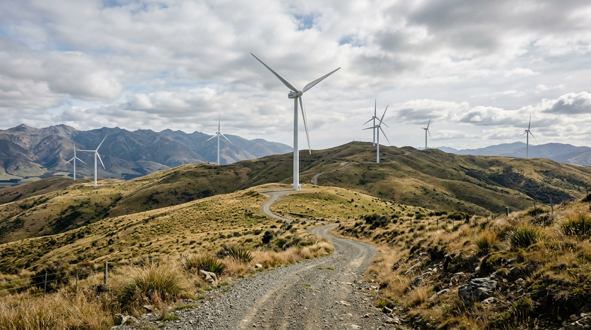 Wind turbines on rolling tussock hills in Otago, New Zealand, under soft morning light