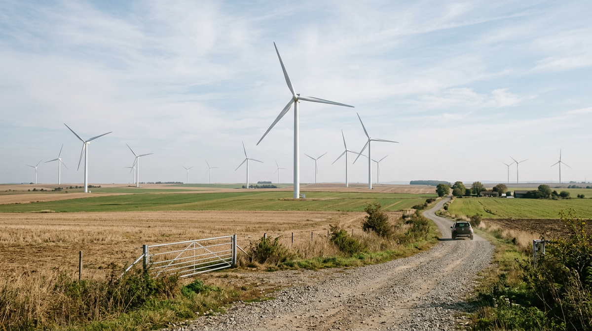 Onshore wind turbines across farmland in south-east Romania under a clear morning sky