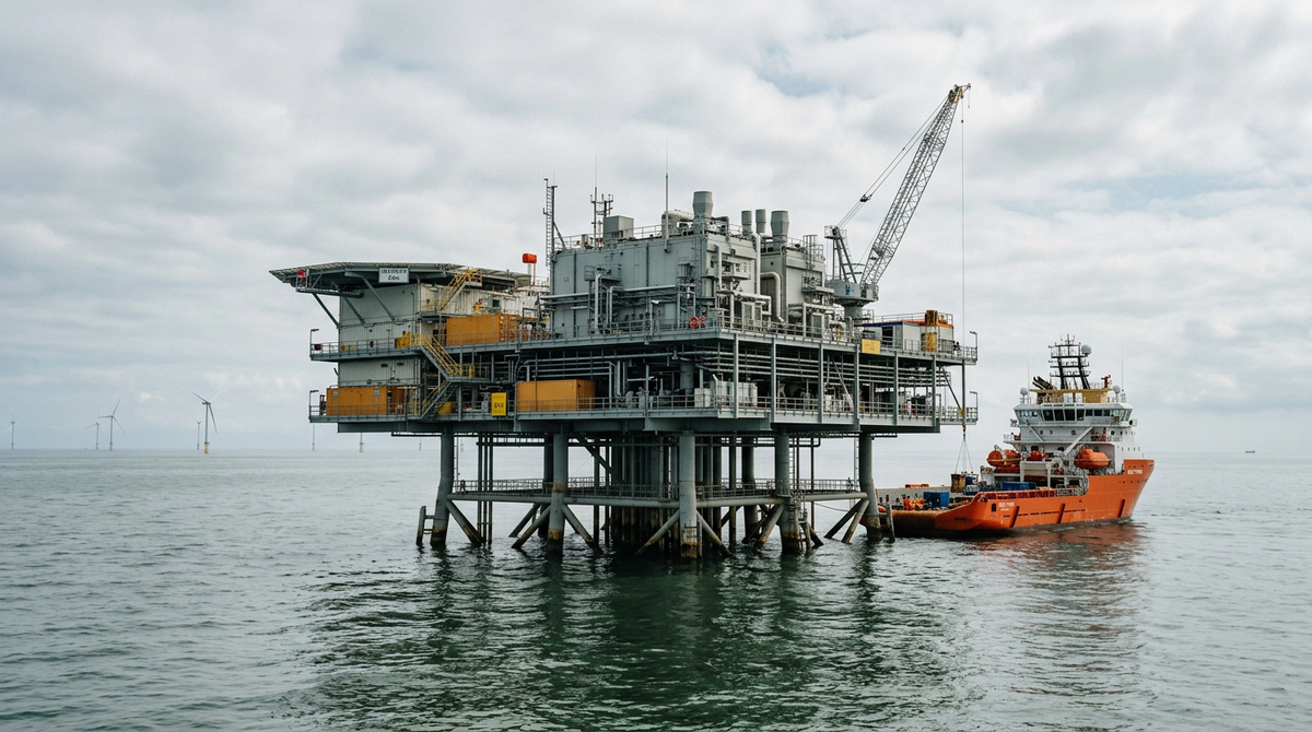 Offshore converter station platform standing in the North Sea under overcast skies