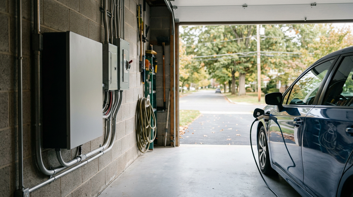 Home battery system mounted on the wall of a tidy garage in a suburban US house
