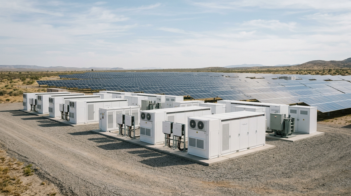 Utility-scale battery storage containers beside a solar farm in morning daylight