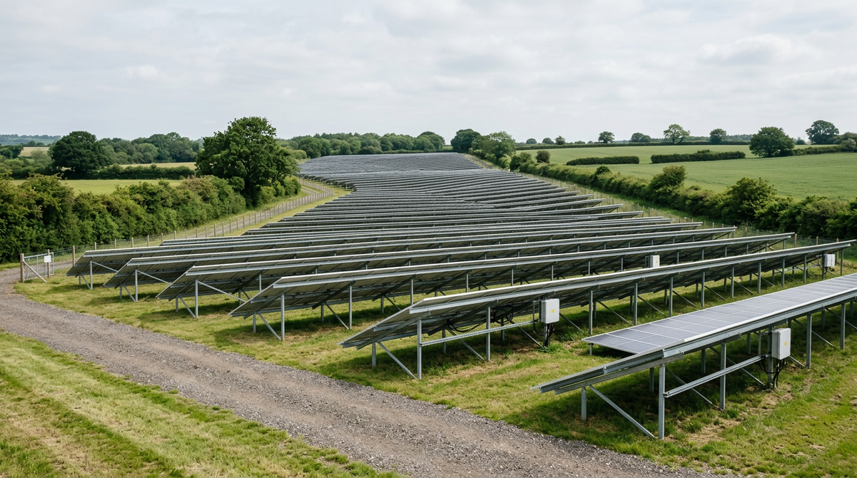 Rows of solar panels across farmland in Essex on an overcast morning