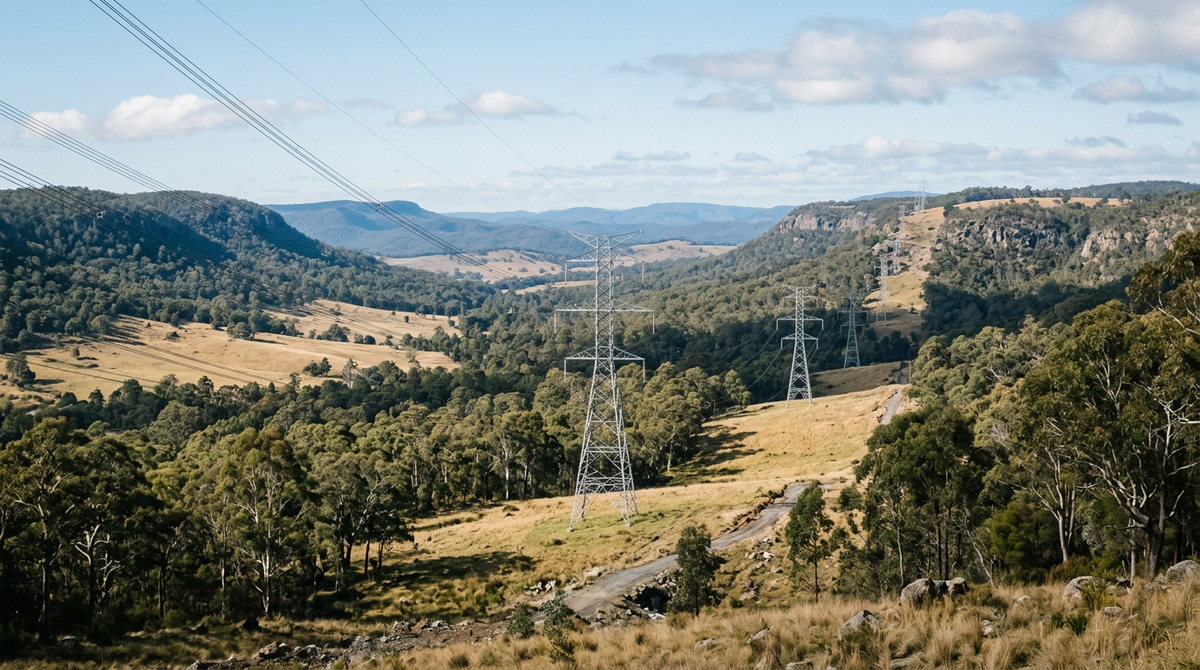 Transmission towers stepping across a forested valley in the New England region of NSW, Australia